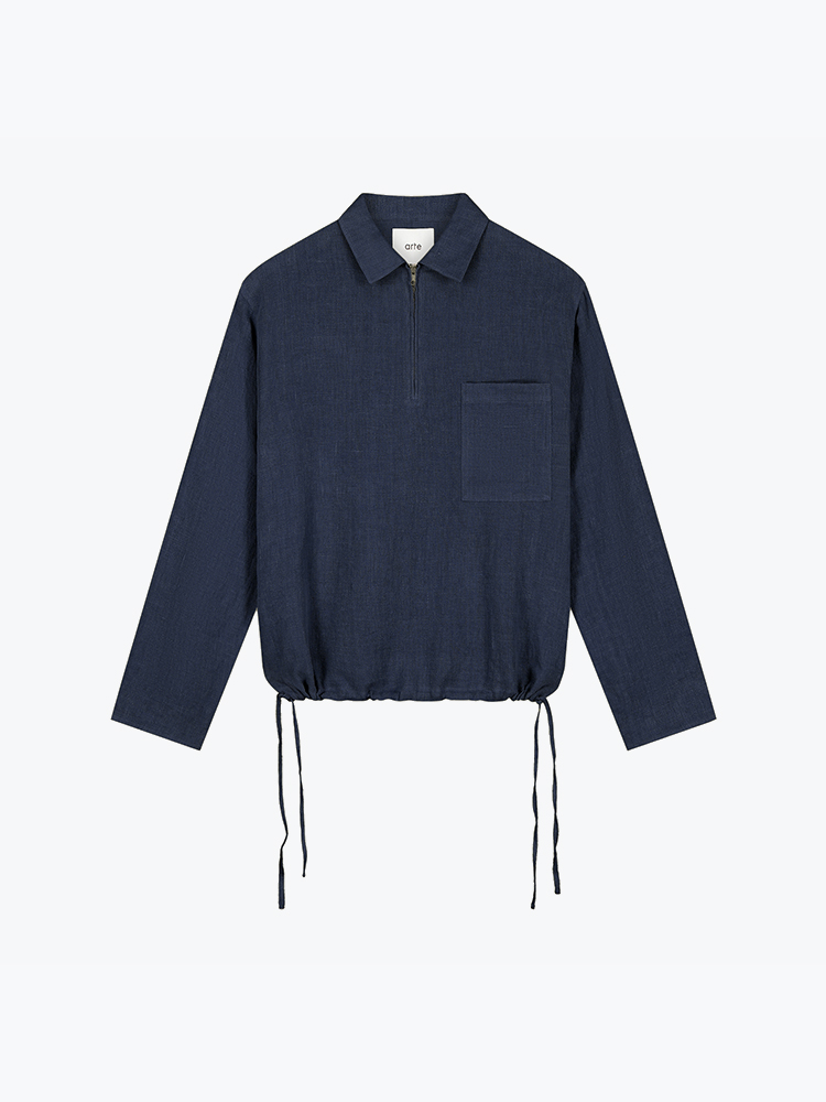 Arte Antwerp Arte Antwerp - Linen Quarter Zip Pullover Navy - Overhemden - Heren Blauw Overhemden
