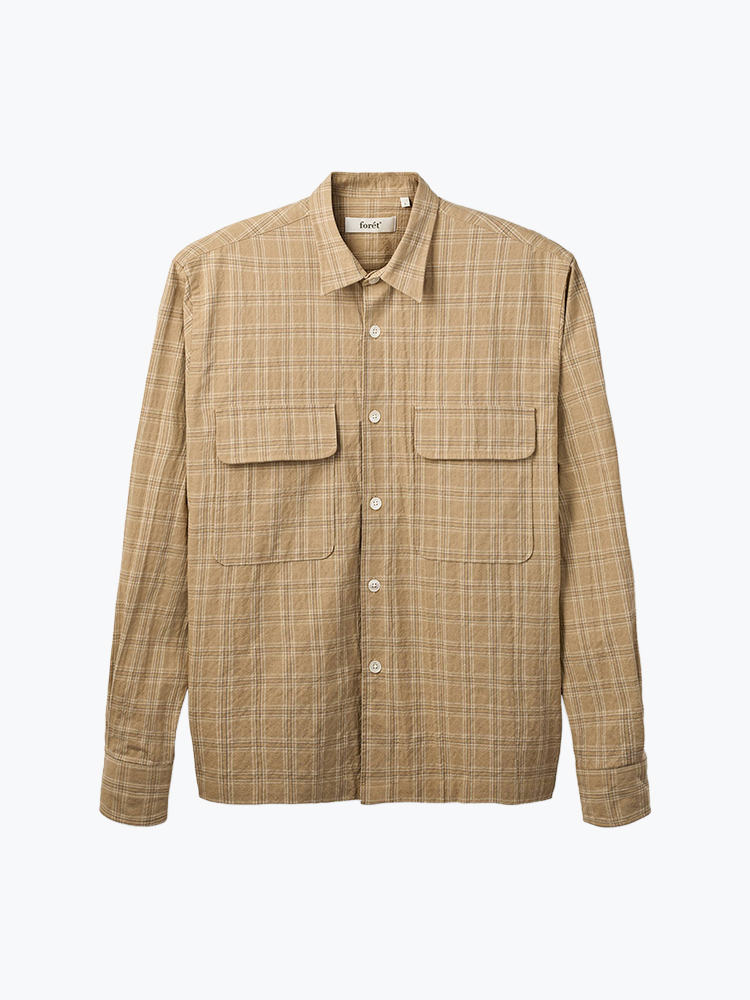 Foret Forét - Lunar Relaxed Fit Textured Overshirt Khaki Check - Overhemden - Heren Beige Overhemden